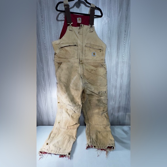 Carhartt Brown Duck Canvas Bib Overalls Men Thrashed Distressed Worn USA Read - Picture 1 of 13